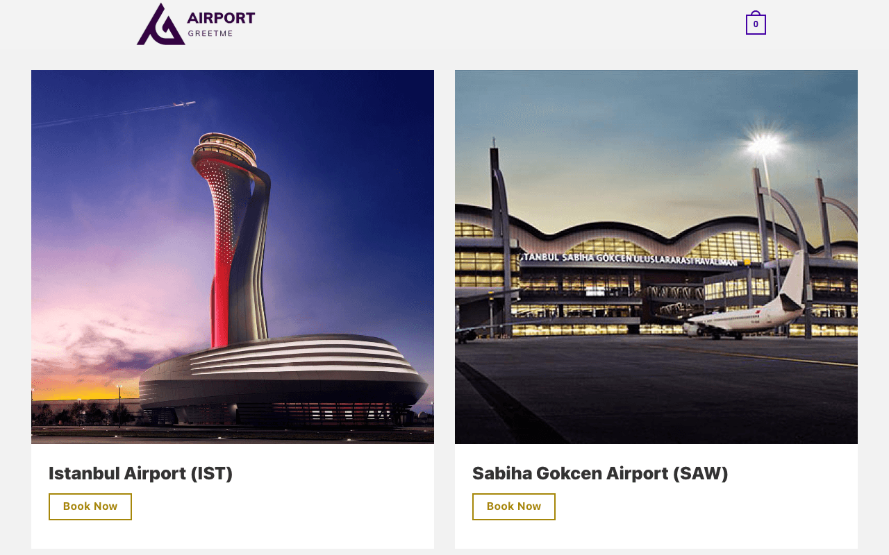 Airport Greet Me Ödeme web sitesi ekran görüntüsü