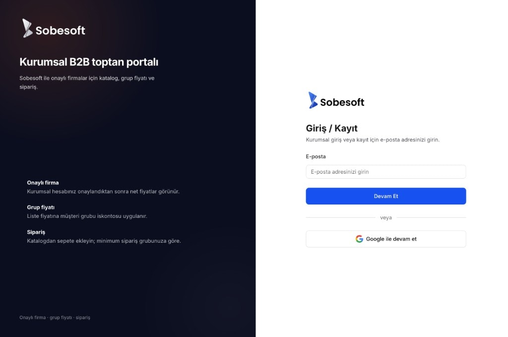 B2B giriş ve firma kayıt ekranı
