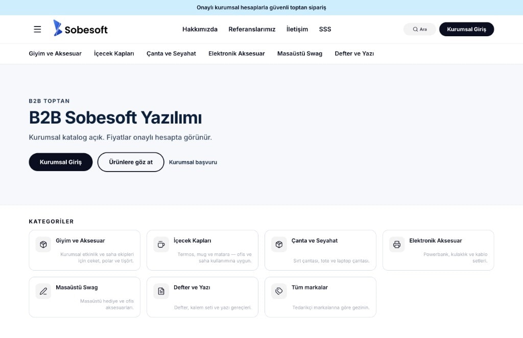B2B vitrin anasayfası — kategori ve kampanya alanları