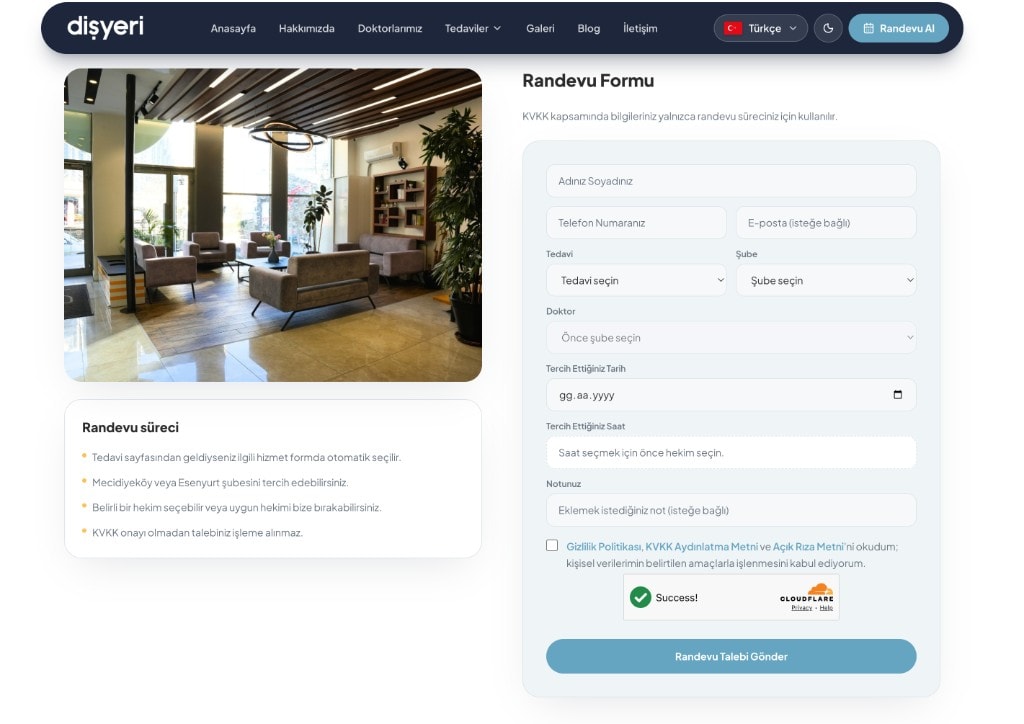 Klinik web sitesi online randevu formu — şube, doktor ve tarih seçimi