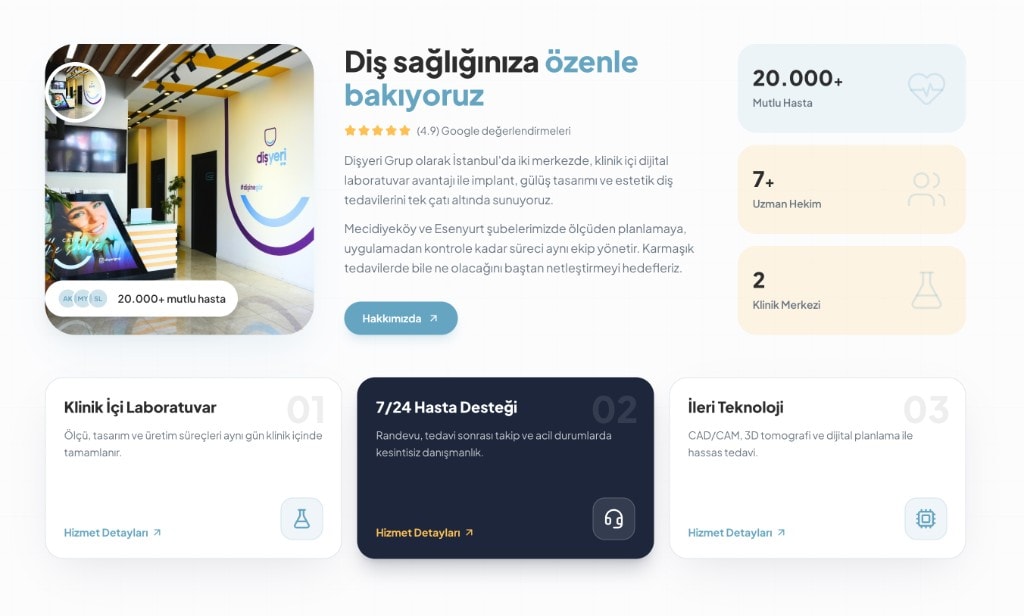 Klinik web sitesi tanıtım bölümü — hakkımızda, istatistikler ve hizmet kartları