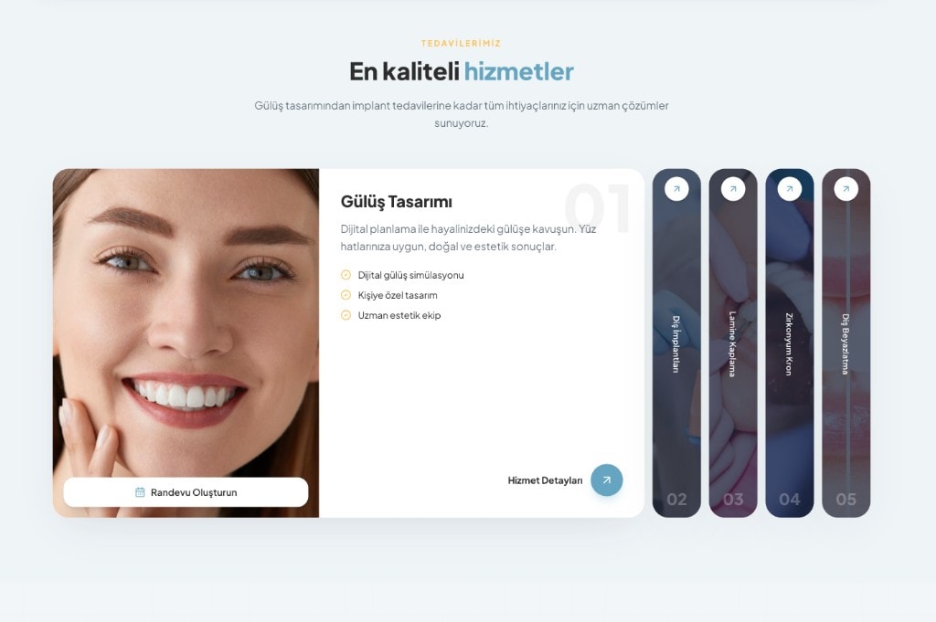 Klinik web sitesi tedaviler bölümü — gülüş tasarımı ve hizmet vitrini